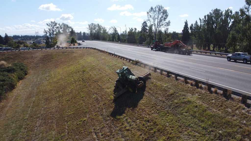 Tree worker in an aerial lift trimming branches along a right of way